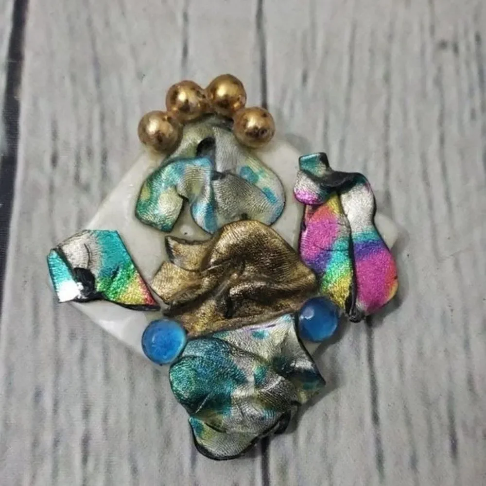 Vintage 80s 90s Eclectic Metallic Neon Abstract Brooch